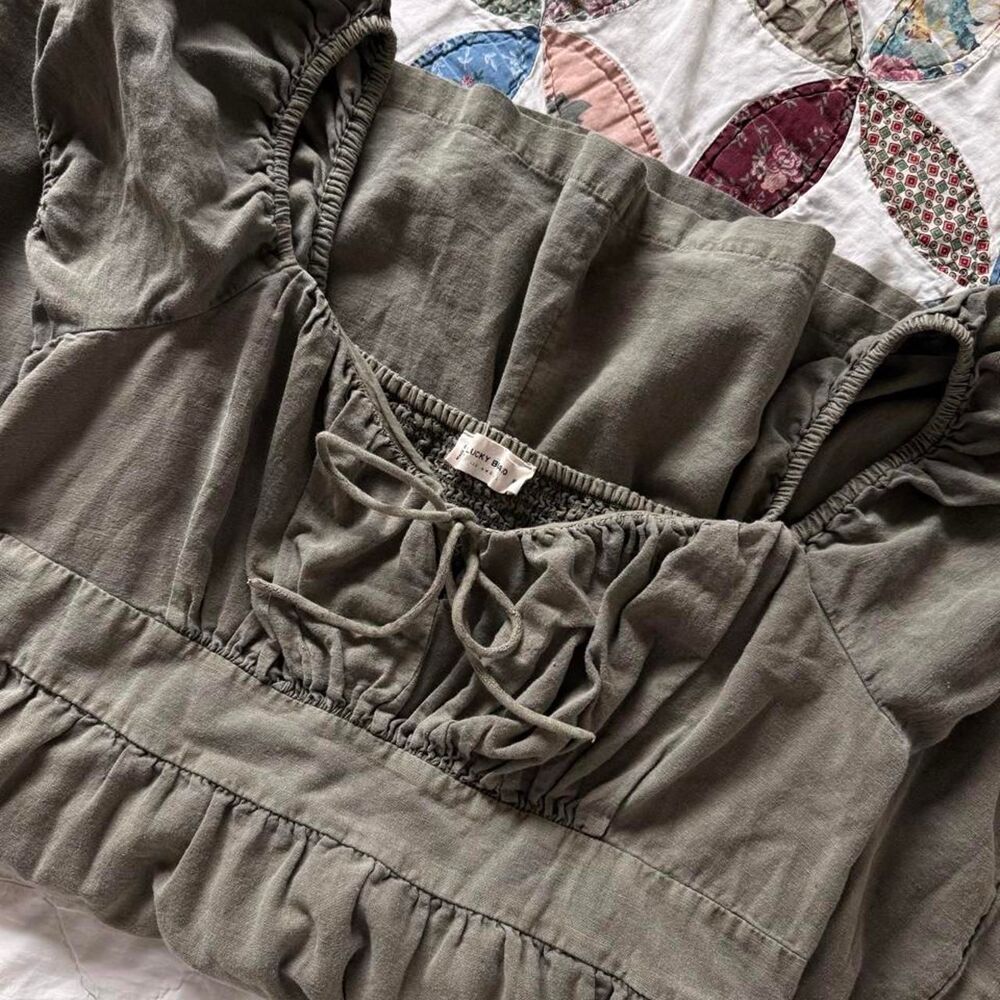 Lucky Brand Olive Green Cotton Linen Blend Boho Cottage Mini Dress, Size XL